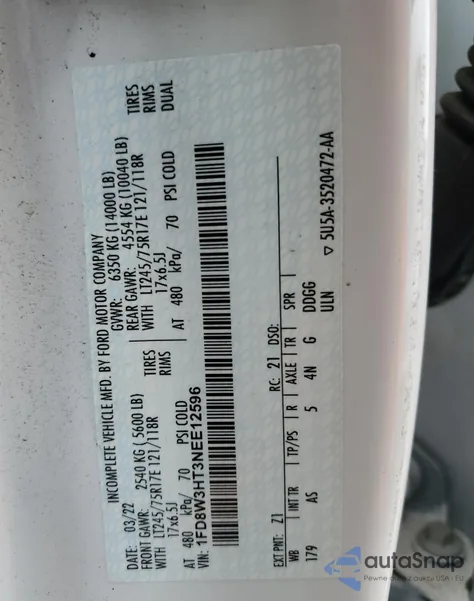 2022 Ford F350 Super Duty z USA, uszkodzony, nr VIN 1FD8W3HT3NEE12596